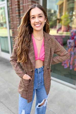 Preptastic Brown and Pink Plaid Blazer