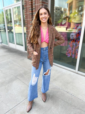 Preptastic Brown and Pink Plaid Blazer